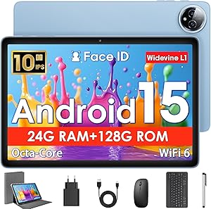 Tablet 10 Pulgadas, Android 15 con Funda, Ratón & Teclado, Octa-Core, 24 GB RAM + 128 GB ROM + 1 TB TF, Pantalla IPS HD 1280x800, Cámara Dual, 6000 mAh, WiFi 6, BT 5.0, Widevine L1, GPS (Azul) 1 Tablet 10 Pulgadas, Android 15 con Funda, Ratón & Teclado, Octa-Core, 24 GB RAM + 128 GB ROM + 1 TB TF, Pantalla IPS HD 1280x800, Cámara Dual, 6000 mAh, WiFi 6, BT 5.0, Widevine L1, GPS (Azul)