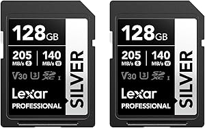 Lexar Tarjeta SD 128 GB Silver, hasta 205 MB/s de Lectura, Paquete de 2, Tarjeta de Memoria SDXC UHS-I, Clase 10, U3, V30, SD Card para Fotógrafos Profesionales, Videógrafos y Entusiastas