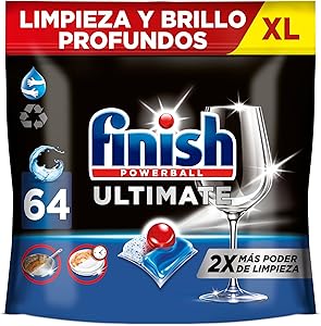 Finish Powerball Ultimate All in 1 Pastillas para el lavavajillas, eficaz contra manchas resecas, 64 pastillas