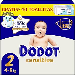 Dodot Pañales Bebé Sensitive, Talla 2 (4-8 kg), 198 Pañales + Regalo de 40 Toallitas Aqua Pure 99% Agua, Hasta 12 h De Protección Antifugas y Cuidado de la Piel, Pack Mensual