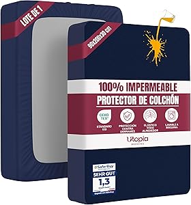 Utopia Bedding Protector Colchón 90 x 200 x 30 cm Impermeable, Certificación Oeko-Tex Funda Colchón, Cubre Colchón Transpirable, Elástico En Todo El Contorno Azul Marino 1 Utopia Bedding Protector Colchón 90 x 200 x 30 cm Impermeable, Certificación Oeko-Tex Funda Colchón, Cubre Colchón Transpirable, Elástico En Todo El Contorno Azul Marino