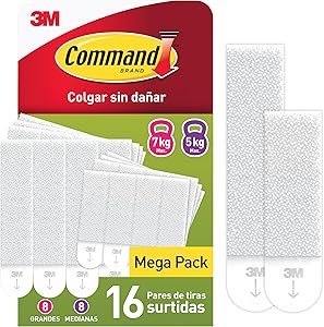 Command Tiras Adhesivas para Colgar Cuadros, 8 Pares de Tiras Medianas y 8 Grandes Blancas - Para Marcos, Espejos y Otros Adornos - Colgar sin Agujeros ni Taladrar