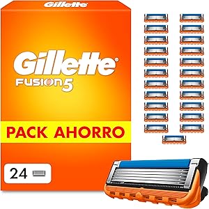 Gillette Fusion5 Cuchillas de Afeitar Hombre, Pack de 24 - Recambios para Maquinillas de Afeitar con 5 Hojas, Banda de Gel Lubricante Y Recortadora de Precisión