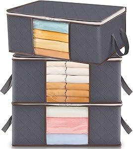 Lifewit Cajas Almacenaje Ropa Plegable con Asa Reforzada, Organizador Armario de Tejido Resistente y Ventana Transparente, Bolsas para Guardar Ropa, Mantas, Gris, 35 L, 3 Piezas