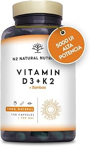 Vitamina D3 y K2. Vitamina D3 5000 ui + Vitamina K2 MK7 200 μg + Silicio +