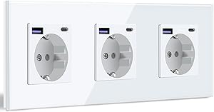 BSEED Enchufe de Pared Con USB C 20W, Schuko Blanco Con Cargador Rápido, 3 Gang