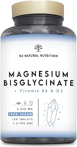 Magnesio Bisglicinato 2250 mg, 450mg de Magnesio Elemental + B6 + D3 Reduce el