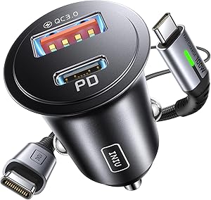 INIU Cargador Coche Carga Rápida, 60W Total PD & QC3.0 Car Charger+ 100W Cable,