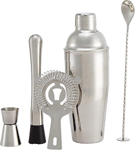 Amazon Basics juego de herramientas de bar acero inoxidable con coctelera de