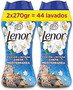 Lenor Perlas De Perfume para la Ropa, 44 Lavados (2 x 270g), Brisa Marina Y Jazmín, Edición Limitada Costa Mediterránea, Frescor Ininterrumpido Hasta 12 Semanas
