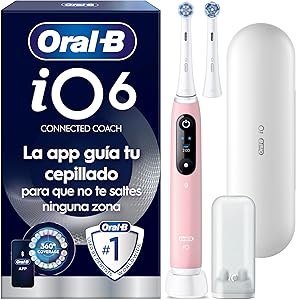 Oral-B iO 6N Cepillo de Dientes Eléctrico con Mango Recargable, 2 Cabezales y Estuche de Viaje, Diseñado por Braun, Regalos Originales para Mujer y Hombre - Rosa