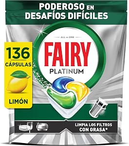 Fairy Platinum Cápsulas De Lavavajillas, Limón, 34 Cápsulas, Potente Incluso