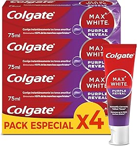 Colgate Max White Purple Reveal Pasta de Dientes Blanqueadora, 4 Uds x 75ml,