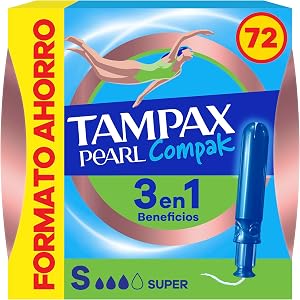 Tampax Tampones Pearl Compak Super Con Aplicador Suave, Pack de 72, 3 en 1