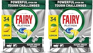 Fairy Platinum Cápsulas De Lavavajillas, Limón, 34 Cápsulas, Potente Incluso