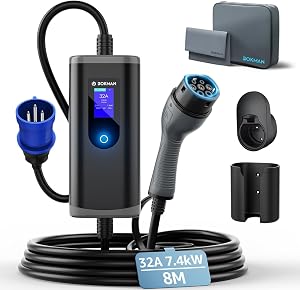 bokman Cargador Coche Eléctrico 7,4kW, 8 Metros / 6-32A / Monofásico / IP65
