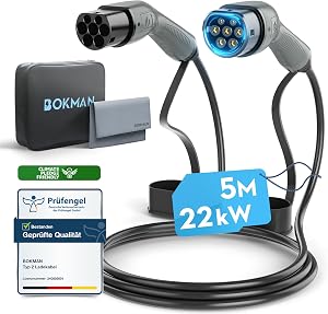 bokman EV Cable de Carga Tipo 2, Modo 3 / 32A / 22kW / Trifásico / 5 Metros,