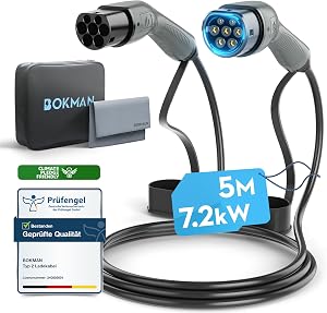 bokman EV Cable de Carga Tipo 2, 7,2kW / 32A / Monofásico / 5 Metros/Modo 3,