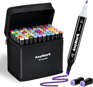 AnyMark Rotuladores de Alcohol 60 Colores, Marcadores de Doble Punta Biselada y