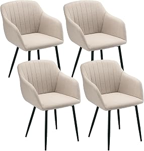 Sillas de Comedor Beige con Reposabrazos Pack 4, Sillas Tapizadas en Lino con